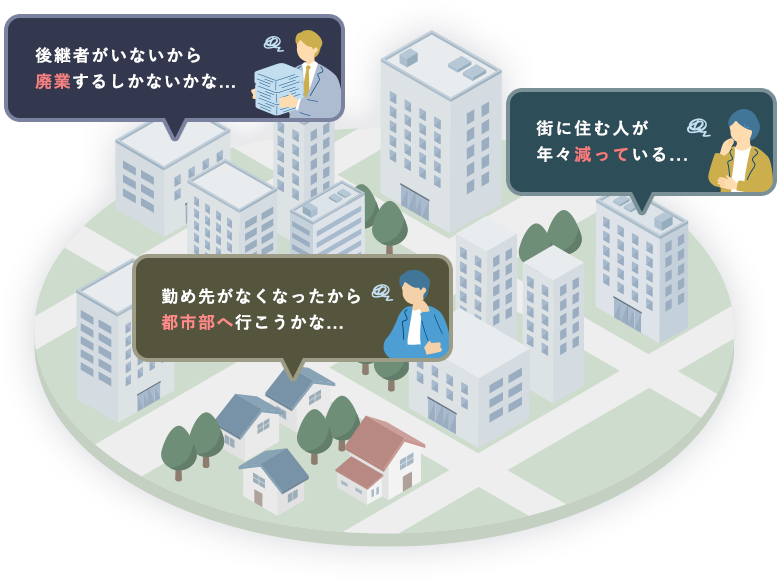 「後継者がいないから廃業するしかないかな...」「街に住む人が年々減っている...」「勤め先がなくなったから都市部へ行こうかな...」