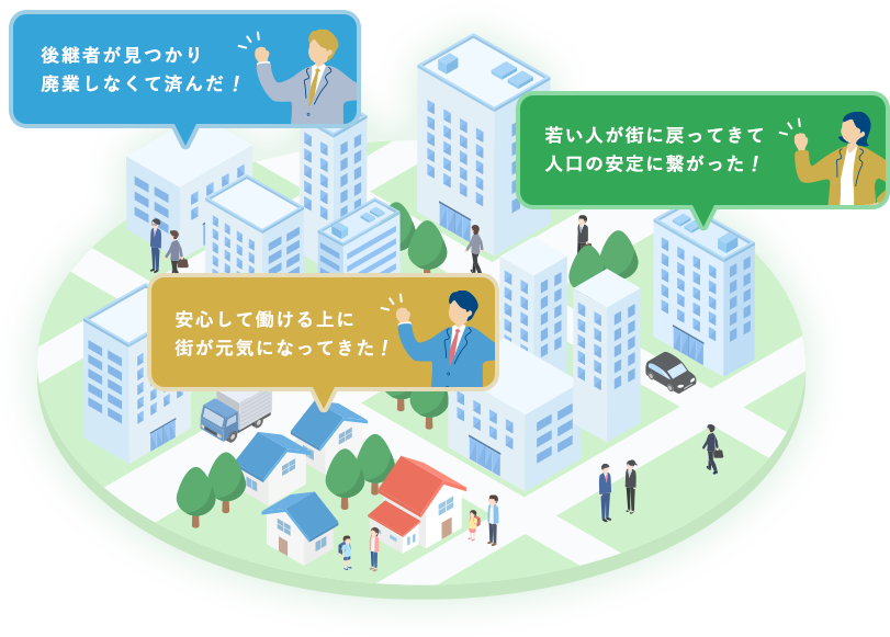 「後継者が見つかり廃業しなくて済んだ!」「若い人が街に戻ってきて人口の安定に繋がった!」「安心して働ける上に街が元気になってきた!」